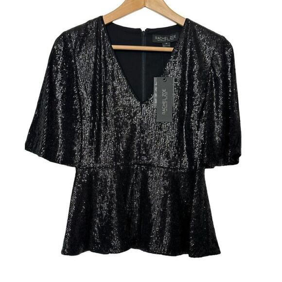Rachel Zoe Top Sequin Peplum Short Flutter Sleeve Black Size 0 NEW - Picture 1 of 10